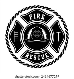 Black and White Firefighter Helmet Detailed Vintage Logo Emblem Insignia Vector