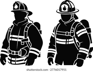Black and White Firefighter Silhouettes in Full Protective Turnout Gear