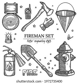Black and White Firefighting Vintage Elements Background with empty Copyspace. Label with Design Template for ad, vacancy, memo, billboard. extinguisher, glove, shovel, bucket, hydrant, alarm, radio