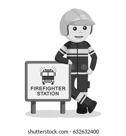 black and white fireman with firefighter station sign black and white style