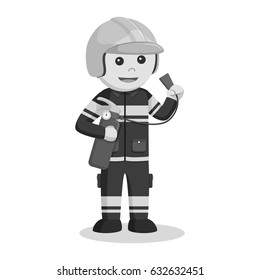 black and white fireman holding fire extinguisher black and white style