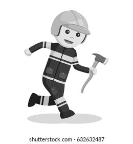 black and white fireman running with axe black and white style