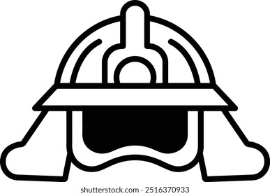 A black and white fireman's helmet. The helmet is drawn in a cartoon style