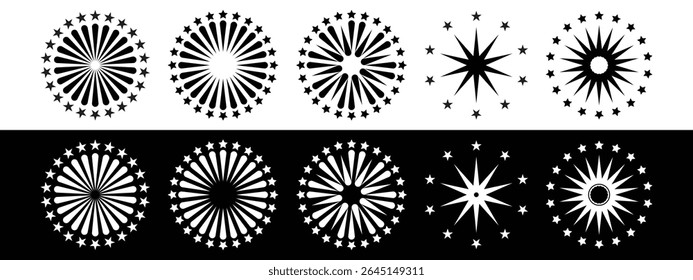 Black and white firework designs with stars, perfect for festive celebrations.