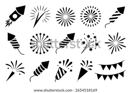 Black and white firework and rocket icon set, festive celebration elements, party burst vector, holiday event illustration
