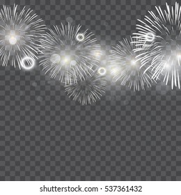 Black and white fireworks bursting in various shapes against black background abstract vector isolated illustration