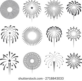 Black and white fireworks in various patterns celebration