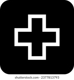Black and White First Aid Kit Emergency Icon with Cross Symbol Sign. Vector Image.