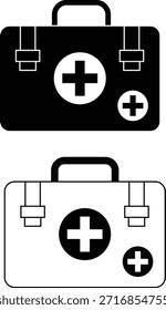 Black and white first aid kit icons for medical emergencies and health care Vector
