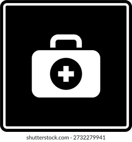 Black and white first aid kit silhouette signage icon with medical cross symbol. Clean vector design suitable for emergency signs, healthcare facilities, safety instructions, public buildings, and commercial graphic use.