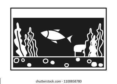 Black and white fish aquarium silhouette. Decorative element for home office. Pet themed vector illustration for icon, sticker, label, badge, poster, certificate or gift card decoration