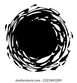 Black and white fish banner spiral design.  Circle school of fish. Circle logo template. Vector illustration.