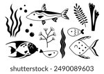 Black and white fish clipart. Nautical clipart in cartoon flat style. Ocean clipart. Sea doodle. Hand drawn vector illustration.