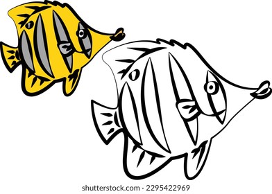 black and white fish coloring page, yellow butterfly fish illustration
