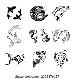 Black and white fish of different species. Vector tattoos and stickers EPS 10