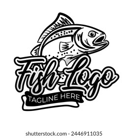 Black and White Fish or fishing concept logo vector illustration with dummy text on white background.