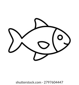 Black and white fish icon for sea theme, swimming fish animal symbol for marine life and underwater ocean nature for nautical and ocean design