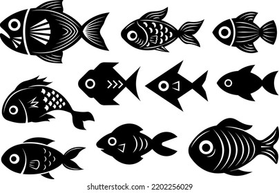 Black and white fish illustrations, collection of different fishes, abstract stylized underwater creatures isolated on white background.