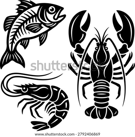Black and white fish, lobster, and shrimp illustration set