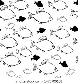Black and white fish on a white background. Seamless background with black and white fish. 

