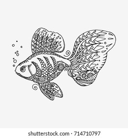 Black and white fish on white background. Cartoon icon. Hand drawn vector stock illustration