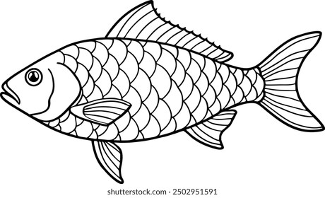 Black and White Fish Outline Illustration for Coloring Page