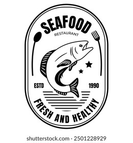 Black and White Fish Outline Isolated in Vintage Style Logo, Retro Seafood Logo. Minimalist Vintage Logo with Fork and Spoon