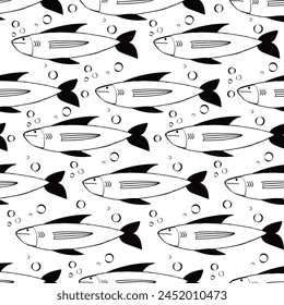 A black and white fish pattern with many fish in it. The fish are all different sizes and shapes