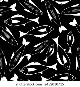 A black and white fish pattern with many fish in it. The fish are all different sizes and shapes