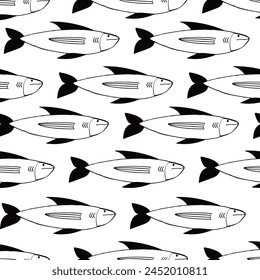 A black and white fish pattern with many fish in it. The fish are all different sizes and shapes