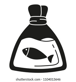 Black and white fish in plastic bag silhouette. New friend for your aquarium. Pet care themed vector illustration for icon, sticker, patch, label, badge, certificate or gift card decoration
