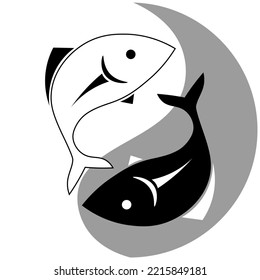 Black and white fish representing yin and yang concept illustration. Balanced life. Can be used for banner, prints, stickers, website and more!