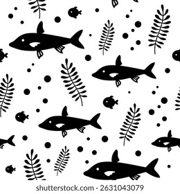 Black and white fish seamless pattern. Adorable sea animal pattern for kids. Whimsical ocean hand drawn vector design in flat cartoon style