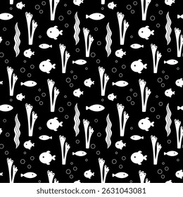 Black and white fish seamless pattern. Adorable sea animal pattern for kids. Whimsical ocean hand drawn vector design in flat cartoon style