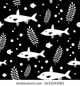 Black and white fish seamless pattern. Adorable sea animal pattern for kids. Whimsical ocean hand drawn vector design in flat cartoon style
