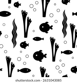 Black and white fish seamless pattern. Adorable sea animal pattern for kids. Whimsical ocean hand drawn vector design in flat cartoon style