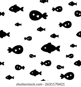 Black and white fish seamless pattern. Adorable sea animal pattern for kids. Whimsical ocean hand drawn vector design in flat cartoon style