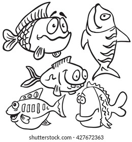 black and white fish set cartoon illustration