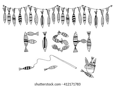Black and white fish set, hand drawn doodle pattern