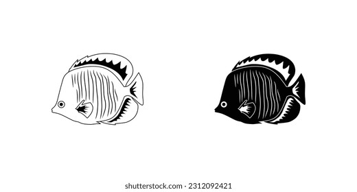 black and white fish silhouette flat icon. isolated on white background. animal, sea, ocean, fish, fishing, coral, reef, coral reef fish, pet, aquarium, aquatic, sticker, clipart, vector illustration