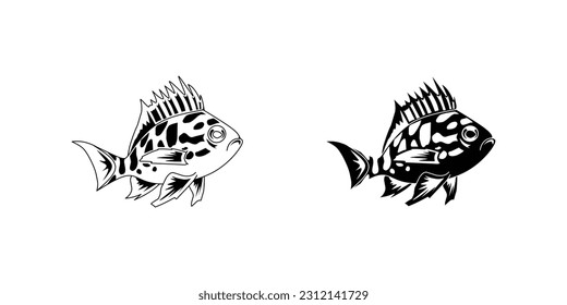 black and white fish silhouette flat icon. isolated on white background. animal, sea, ocean, fish, fishing, coral, reef, coral reef fish, pet, aquarium, aquatic, sticker, clipart, vector illustration