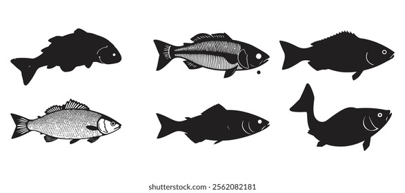 black and white fish, fish silhouette vector