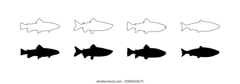 Black and white fish silhouettes: four outlined and filled illustrations. Vector icon