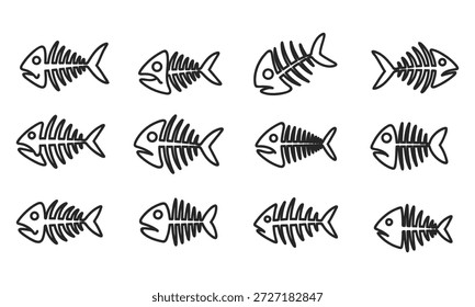 Ilustraciones de esqueleto de peces en blanco y negro en varias posiciones