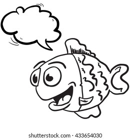 black and white fish with speech bubble cartoon