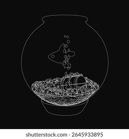 A black and white fish swims gracefully in a glass bowl filled with smooth stones and a small treasure chest. The dark background enhances the mysterious and captivating atmosphere of this simple yet.