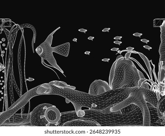 A black and white fish swims gracefully in an aquarium, surrounded by lush plants and decorative objects. The dark background enhances the mysterious and captivating atmosphere of the drawing.
