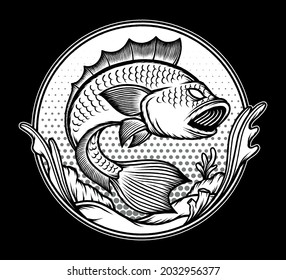 Black white fish underwater illustration. Premium vector