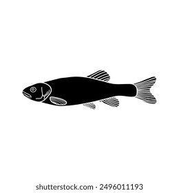 black and white fish vector illustration. Commercial fishes. Fresh raw edible cartoon fish.  Fish Silhouette Seafood Product