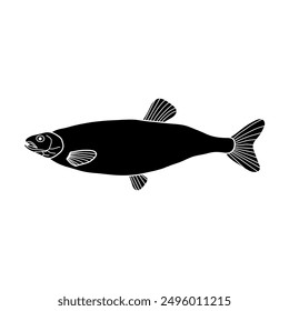 black and white fish vector illustration. Commercial fishes. Fresh raw edible cartoon fish.  Fish Silhouette Seafood Product